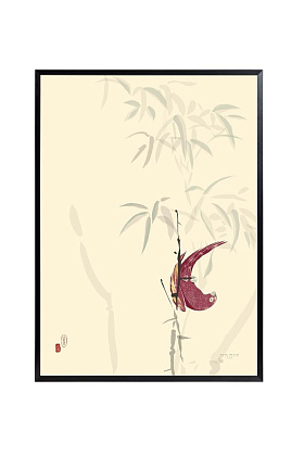 Арт-принт в раме "Пурпурная птица в бамбуковой тиши" 50х70 см